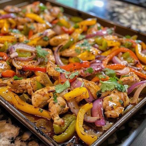 Justine Kameron Recipes | Simplify your fajita night with these easy and delicious Sheet Pan Chicken Fajitas | Facebook Red Velvet Oreo Cheesecake, Heart Healthy Chicken Recipes, Fajita Night, Easy Sheet Pan Chicken, Sheet Pan Chicken Fajitas, Red Velvet Oreo, Sheet Pan Dinners Chicken, Pan Chicken Fajitas, Sheet Pan Chicken