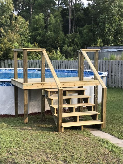 Above ground pool deck  4x8 deck for 27’ pool Piscina Pallet, Above Ground Pool Steps, Above Ground Pool Deck, Deck Piscina, Pool Deck Plans, Outdoor Pool Area, Swimming Pool Decks, Pool Ladder, Intex Pool