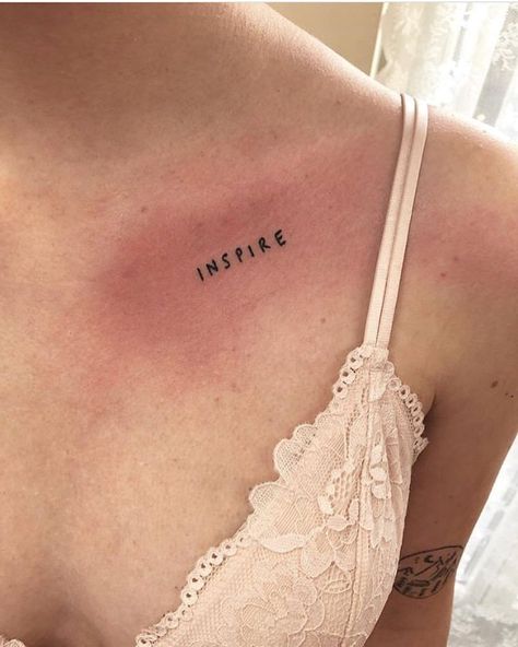 Word ‘inspire’ inked in a tiny minimalist font on the left clavicle bone Tattoos Clavicle, Clavicle Bone, Kite Tattoo, Paper Plane Tattoo, Clavicle Tattoo, Key Tattoos, Lavender Tattoo, Small Butterfly Tattoo, Minimalist Font