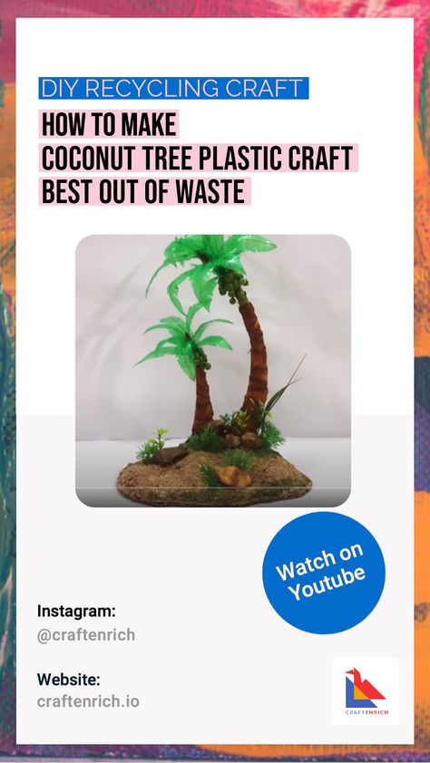 We are going to show you how to make a very creative and unique coconut tree made using plastic bottles, medical bandage, aluminum wires and plaster of paris (POP). This coconut tree making craft can be used as a recycled DIY Home décor, kids school craft project, gift item, school project model, etc. Tree Model Making, Diy Coconut Tree, Easy Plastic Bottle Crafts, Best Out Of Waste Ideas, Cardboard Organizer, Yarn Crafts For Kids, Recycled Diy, Tree Model, Diy Coconut