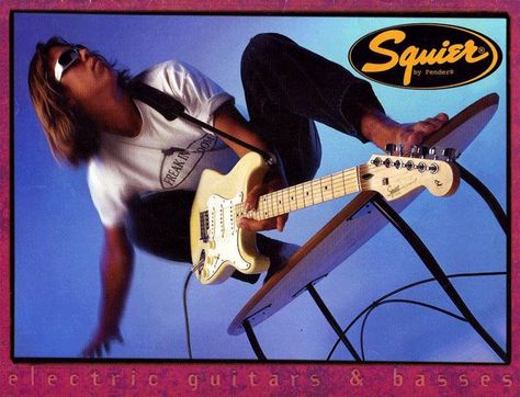 Squier Pro Series advert, 1996 Fender Frontline. For guitarists of a certain vintage, this ad might have recalled the series of classic '50s and '60s Fender ads, headlined “You Won't Part With Yours Either’, which featured guitars in unlikely outdoor action settings. Squier Guitars, Fender Guitar Amps, Guitar Logo, Eminem Photos, Guitar Posters, Guitar Magazine, Stratocaster Guitar, Pin Up Photos, Fender Squier