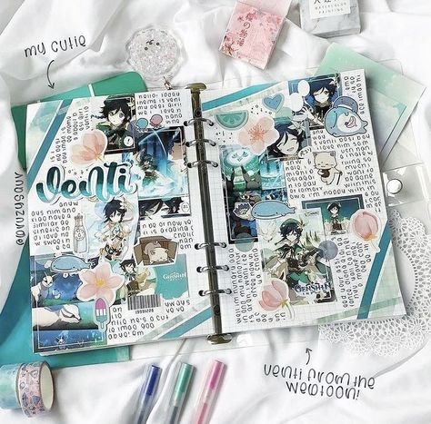 Venti Journal, Blue Aesthetic Journal, Genshin Impact Journal, Genshin Journal, Anime Journal, Bullet Journal Aesthetic, Cute Journals, Anime Room, Bullet Journal Design Ideas