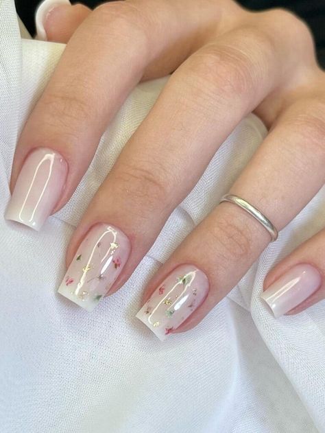 Short, milky white nails with dried flowers Milky White Nails, Foil Nail Designs, Plaid Nail Designs, Milky Nails, February Nails, White Glitter Nails, Latest Nail Trends, Plaid Nails, Nails Now