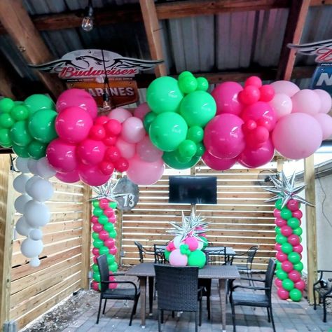 Aka Balloon Decor, Green And Pink Decorations Party Ideas, Green And Pink Party Decor, Pink And Green Decorations Party, Pink And Green Birthday Decorations, Pink And Green Balloon Arch, Pink And Green Balloon Garland, Pink And Green Balloons, Green And Pink Party