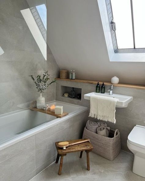 Bathroom Ideas Loft, Main Bathroom Decor, Under Roof Bathroom, Ensuite Bathroom Ideas Attic, Bath Under Sloping Roof, Small Ensuite Ideas Sloping Roof, Tiny Bathroom Ideas With Bathtub, Bathroom Ireland, Bath In Bedroom