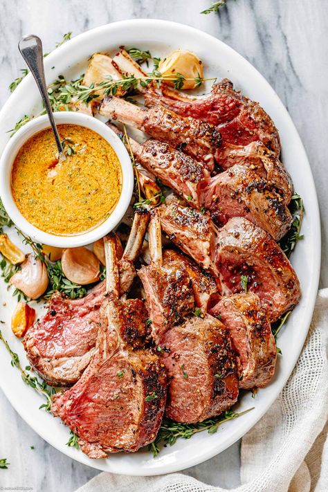 Roasted Rack of Lamb Recipe with Butter Sauce - #lamb-rack #recipe #eatwell101 - This Garlic Roasted Rack of Lamb is the most elegant family holiday dinner ever! - #recipe by #eatwell101® Elegant Meat Dishes, Best Gourmet Dinner Recipes, Sauce For Lamb Chops, Lamb Roast Recipes, Lamb Dinner Recipes, Lamb Seasoning, Tiramisu Dip, Lamb Recipes Oven, Lamb Rack Recipe