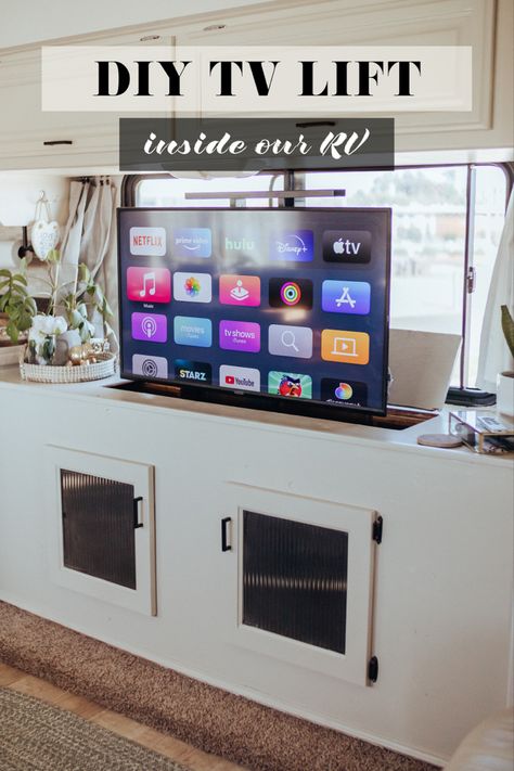 Diy tv lift for RVs Rv Tv Ideas, Rv Tv Stand Ideas, Rv Tv Mounting Ideas, Rv Tv, Rv Conversion, Paid Partnership, Tv Lift, Rv Renovation, Hidden Tv