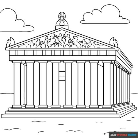 Free Parthenon Temple Coloring Page for Kids Greek Temple Drawing, Temple Coloring Page, Core Knowledge, Temple Drawing, Easy Drawing Guides, Free Printable Coloring Sheets, Drawing Guides, Children Sketch, Temple Pictures