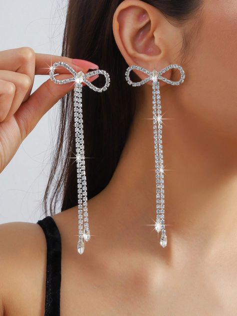 Silver  Collar  Glass Rhinestone  Drop Earrings Embellished   Women Fashion Jewelry Korean Earrings, Fancy Jewellery Designs, Long Tassel Earrings, Rhinestone Bow, Fancy Jewellery, Stylish Earring, Watches Women Fashion, Rhinestone Studs, Rhinestone Jewelry