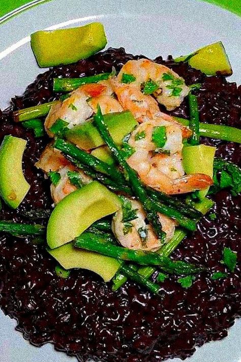 Shrimp Asparagus, Rice Avocado, Rice Risotto, Lemon Garlic Shrimp, Everything Good, Shrimp And Rice, Black Rice, Roasted Asparagus, Garlic Shrimp