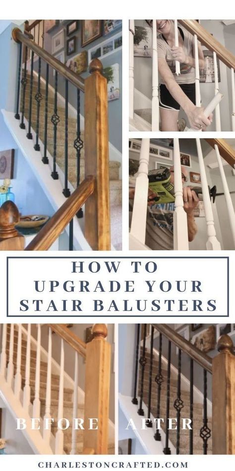 Upgrading your balusters is a great way to update your home! Charleston Crafted shares all you need to know about changing out your wood balusters with iron! Read all about this DIY here and see how easy it is to update your stairs. Stairway Makeover, Easy Home Diy Upgrades, Stair Railing Makeover, Diy Staircase Makeover, Wood Balusters, Stair Balusters, Stair Well, Diy Staircase, Staircase Makeover