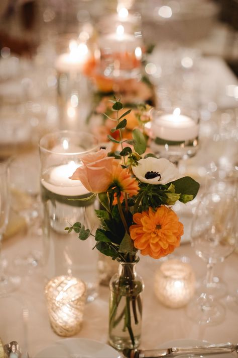 Floating Candles And Bud Vases Wedding, Tea Light Table Decor, Dahlia Flower Wedding Centerpieces, Floating Candles With Bud Vases, Floating Votive Centerpiece, Floating Candles And Bud Vase Centerpiece, Bud Vases And Floating Candles, Bud Vases Long Table, Floating Candles And Bud Vases