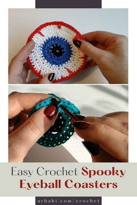 Embrace the spirit of Halloween by crafting these playful Spooky Eyeball Coasters. Perfect for adding a touch of whimsy to your home, these coasters promise a quick and enjoyable crochet project. Gather your materials, including Drops Cotton 9 yarn and a 3.5 mm crochet hook, and let's get into the spooky crafting spirit. Hobbi CROCHET guides us through the process using US Crochet terminology, making it accessible to crocheters of all levels. With their expert instructions, even... Crochet Eyeball, Crochet Spooky, Halloween Decorations Spooky, Spirit Of Halloween, Crochet Terminology, Spooky House, Halloween Magic, Halloween Crochet, Free Halloween