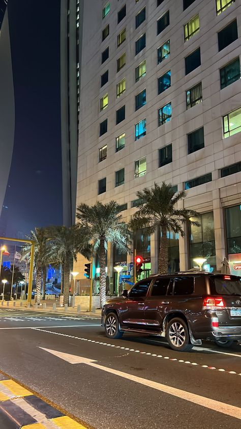 Kuwait, Khaleeji, cars, palm trees, night life Kuwait City Night, Kuwait Night, Kuwait Aesthetic, Kuwait Vibes, Kuwaiti Vibes, Kuwait Travel, Saudi Aesthetic, City View Night, Quick Yoga