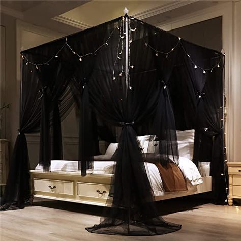 VETHIN 4 Corners Post Princess Bed Canopy Curtain Double Layer Cozy Drape Netting 4 Opening Mosquito Net for Girls & Adults Bedroom Decoration Accessories (Double Black, 53" W*78" L*82"*H/(Full)) Poster Bed Canopy, Princess Curtains, Princess Bed Canopy, Black Canopy Bed, Adult Bedroom Decor, Princess Canopy Bed, Adults Bedroom, Bed Drapes, Goth Bedroom