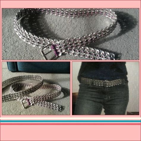 soda can tab belts i made :) Pull Tab Belt, Can Tab Bracelet Tutorial, How To Make Soda Tab Bracelet, Soda Tab Armor, Soda Can Tabs Crafts, Soda Tab Belt, Soda Tab Crafts Diy, Soda Tab Diy, Soda Tabs Crafts