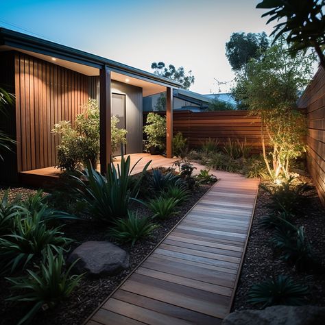 A natural timber decking path can be a great way to create a beautiful space at the entrance of your home. #landscape #garden #gardendesignideas #styling #renovation Decking Path, Timber Walkway, Beautiful House Exterior, Deck Pathway, Side Landscaping, Entrance Landscape, Pathway Design, Beautiful Houses Exterior, Modern Garden Landscaping