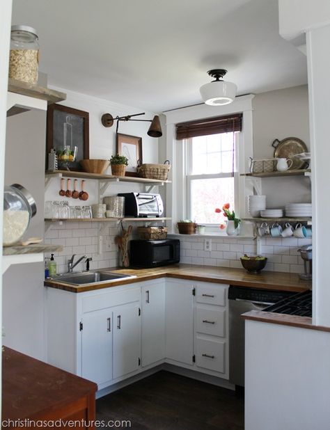 DIY Farmhouse Kitchen done on a really small budget!  #kitchen #openshelving #subwaytile #plankedwall Kitchen Makeover Projects, Tiny Kitchen Design, Kitchen Apartment, Budget Kitchen Remodel, Kabinet Dapur, Cabinets White, Diy Kitchen Remodel, Kitchen On A Budget, Tiny Kitchen