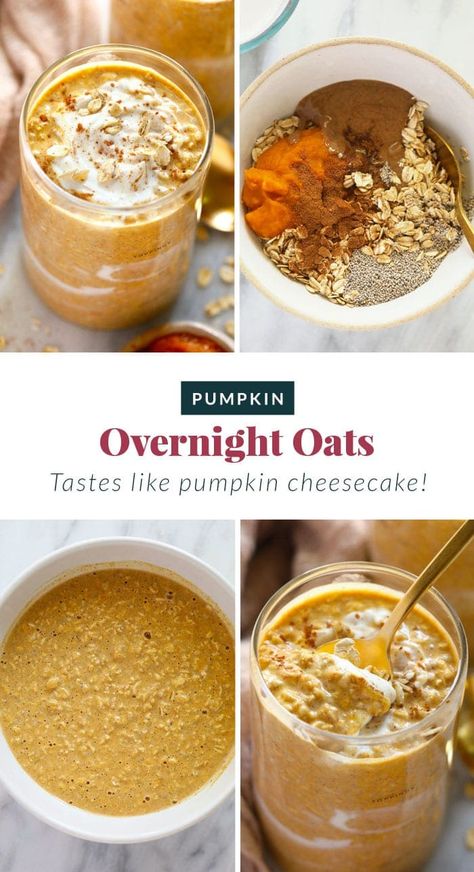 Fall calls for pumpkin overnight oats! This pumpkin cheesecake overnight oats recipe is made with rolled oats, chia seeds, Greek yogurt, pumpkin puree, and a little maple syrup. Pumpkin Overnight Oats Low Calorie, Overnight Oats With Pumpkin Puree, Fixate Meals, Greek Yogurt Pumpkin, Blended Overnight Oats, Cheesecake Overnight Oats, Macro Food, Pumpkin Overnight Oats, Morning Oats