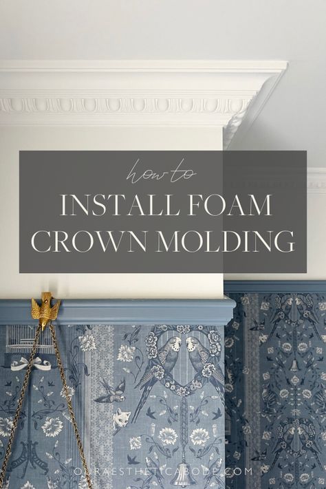 This easy-to-follow, step-by-step tutorial will tell you everything you need to know about how to install foam crown molding! Head to my blog for all the tips and tricks! Wall And Ceiling Molding, French Crown Moulding, Crown Molding Above Door, Historic Crown Molding, French Crown Molding Ceiling Detail, Shower Crown Molding, Styrofoam Crown Molding, Boho Crown Molding, Faux Trim Molding