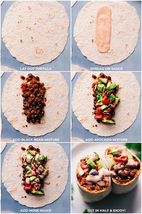 Black Bean Wraps (With A Chili-Lime Sauce) | Chelsea's Messy Apron Black Beans Burrito, Black Bean Hummus Wrap, Kidney Bean Burrito, Bean Wrap Recipe, Bean Wraps Healthy, Black Bean Wraps Recipes, Veggie Burrito Wraps, Bean Tortillas Recipe, Cold Burrito Wrap