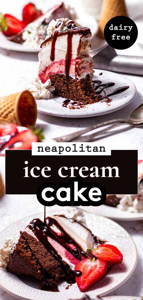 This is the best and easiest vegan ice cream cake recipe! It consists of a soft chocolate cake base, a dairy free strawberry ice cream center, and a vanilla ice cream top layer. It's covered in coconut whipped cream with chocolate ganache on top! This Neapolitan ice cream cake is great as a birthday cake or for a summer dessert! Vegan Ice Cream Cake Recipe, Dairy Free Strawberry Ice Cream, Neapolitan Ice Cream Cake, Soft Chocolate Cake, Vegan Ice Cream Cake, Vegan Strawberry Ice Cream, Seasonal Vegan Recipes, Dairy Free Baking, Neapolitan Ice Cream