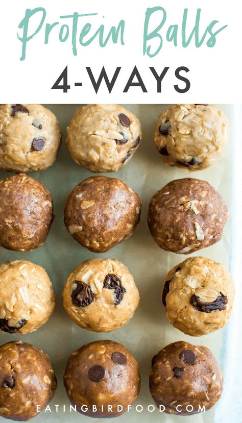 NO BAKE PROTEIN BALLS -- The easiest no bake protein balls on the internet with four different flavors - chocolate peanut butter, tahini chocolate chip, cinnamon raisin and almond joy. Take 10 minutes to whip up a batch and snack healthy all week long! // No Bake Protein Balls // Easy Protein Balls // Peanut Butter Protein Balls #energybites #proteinballs Protein Balls Peanut Butter, Low Carb Snack Bars, Snack Food Ideas, Easy Protein Snacks, Protein Balls Healthy, Protein Drink Mix, Protein Ideas, Protein Balls Recipes, Easy Protein