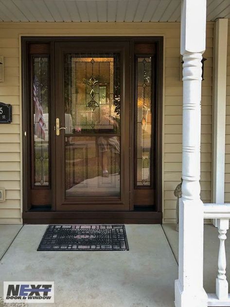 Brown Storm Doors For Front Door, Wood Door With Storm Door, Wood Front Door With Storm Door, Storm Doors For Front Door Ideas, Front Door With Storm Door, Storm Doors For Front Door, Garage Refresh, Door With Side Panels, Craftsman Exterior Door