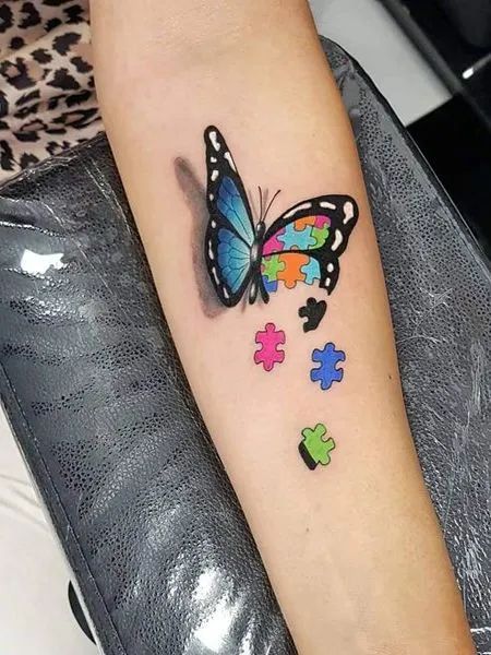 Puzzle Piece Butterfly Tattoo, Butterfly Puzzle Tattoo, Neurodiversity Tattoo Ideas, Puzzle Tattoo Ideas, Puzzle Piece Tattoo, Puzzle Tattoos, Awareness Tattoo, Ribbon Tattoos, Pieces Tattoo