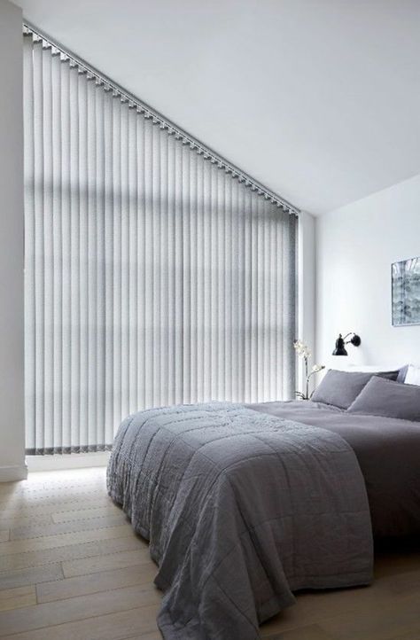 Popular Window Coverings, Blinds Inspiration, Triangle Window, Raked Ceiling, Skylight Window, House Blinds, Vertical Blinds Curtains, Vertical Blinds, Bedroom Loft