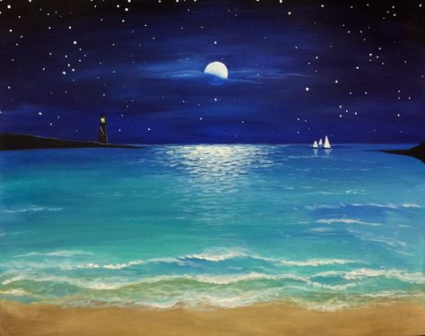 Night sky summer ocean beach painting Starry Night Beach Painting, Night Sky Beach Painting, Moon And Beach Painting, Night Time Ocean Painting, Beach Painting Night, Night Time Beach Painting, Summer Night Painting, Ocean Night Painting, Ocean At Night Painting