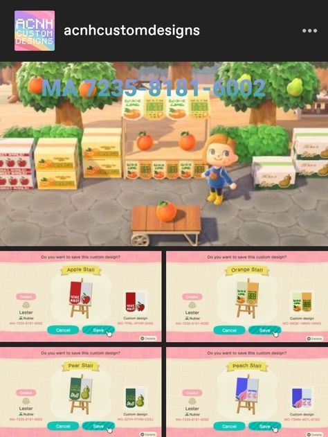 Acnh Juice Stall, Acnh Juice Bar Code, Acnh Fruit Stall Designs, Animal Crossing Fruit Stand, Acnh Vegetable Stall Code, Acnh Juice Bar, Acnh Orange Juice Stand, Fruit Sign Acnh Code, Fruit Stall