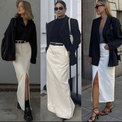 Long Beige Denim Skirt Outfit, White Long Jean Skirt Outfit, Long White Jean Skirt Outfit, Beige Jeans Skirt Outfit, Long Denim Skirt Office Outfit, Long Cream Denim Skirt Outfit, Cream Denim Maxi Skirt Outfit, White Denim Maxi Skirt Outfit, Beige Denim Skirt Outfit