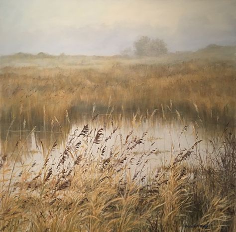 Misty Salt Marsh by Sharon Hathaway, Acrylic, 30 x 30 North Carolina Marsh, Salt Marsh Painting, Saltwater Cowboy, Marsh Aesthetic, Acrylic Landscapes, Vase Project, Antique Booth Displays, The Woman In Black, Salt Marsh