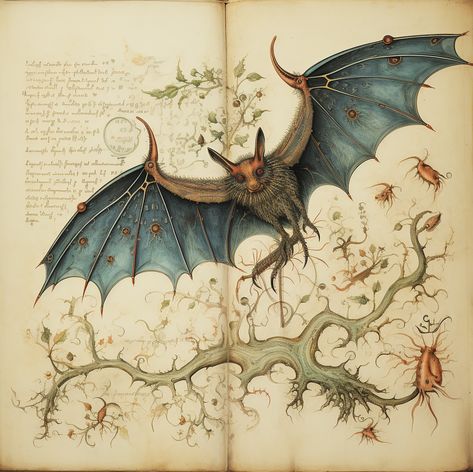 Voynich 15th century mystery manuscript style: bat The Voynich Manuscript, Medieval Manuscript Illustration, Future Medieval, Gothic Manuscript, Bat Anatomy, Medieval Core, Old Manuscript, Aesthetic Medieval, Voynich Manuscript