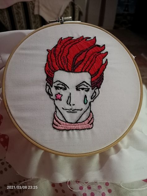 Hunter X Hunter Embroidery, Manga Embroidery, Anime Embroidery Designs, Hisoka Hunter X Hunter, Anime Stitch, Anime Embroidery, Watercolor Girl, Simple Embroidery, Couture Sewing