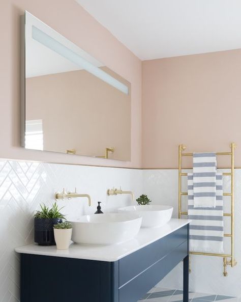 Pink bathroom with graphic tiles and a navy his-and-hers sink Navy Bathroom Decor, Graphic Tiles, Main Bathroom Ideas, New Bathroom Ideas, House Bathrooms, Best Bathroom Designs, Pretty Bathrooms, Downstairs Bathroom, Upstairs Bathrooms