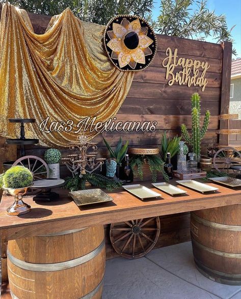 50th Mexican Birthday Party Ideas, Vaquero Theme Party Quince, Mexican Rancho Theme Party, Charro Dessert Table, Blue Cowboy Party, Elegant Charro Quinceanera Decorations, Rancho Quinceanera Theme Decorations, Red Vaquero Quince, Western Themed Quinceanera