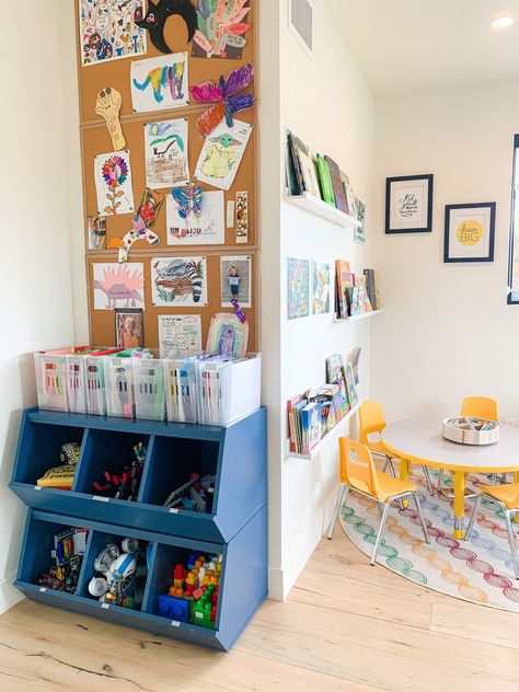 Art Space Kids Room, Playroom With No Windows, Playroom Design Basement, Playroom Tote Storage, Creating A Room Divider Small Spaces, Yellow Living Room Accent Wall, School Aged Playroom, Playroom Classroom Combo, Laundry Playroom Combo