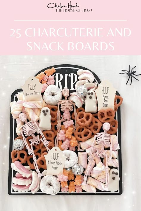 Halloween themed Charcuterie board Pink Halloween Dessert Table, Dessert Board Halloween, Pink Halloween Charcuterie Board, Girly Halloween Party Food, Halloween Bring A Board, Halloween Sweet Board, Pink Halloween Party Food, Pink Halloween Food, Ghost Charcuterie Board