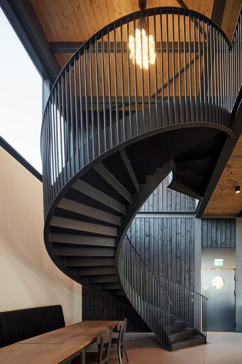 Brewery Building, Floor Construction, Classic Staircase, Stair Design Architecture, Restaurant Entrance, Circular Stairs, Wooden Cladding, Staircase Handrail, Facade Cladding