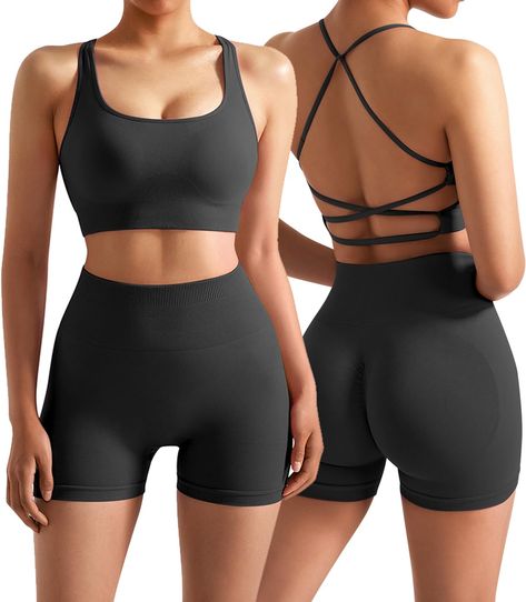 PRICES MAY VARY. Sleeveless Crisscross Strappy Back Crop Top: Fashion square neck matching workout sets for women 2 piece with open back multi strap back detailing, medium impact, removable padded. Work out sets gym for women, thick ribbed underband ensures a stay-put fit. Seamless Scrunch Butt Workout Leggings: Sexy push up tummy control compression gym leggings with v back design, butt lifting shape, no camel toe. Slimming booty workout outfits, supportive ribbed wide waistband, pass squat pro Short Kurtis For Jeans, Exercise Bras, Exercise Outfits, Workout Sets For Women, Stylish Workout Clothes, Gym Sets, Halloween Jars, Activewear Trends, Outfit Gym