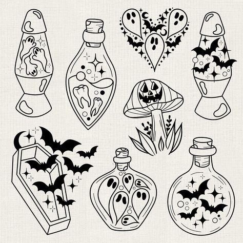 Flash Tattoo Designs Friday The 13th, Gothic Flash Sheet, Spooky Tattoo Stencil, Halloween Flash Tattoo Ideas, Goth Flash Sheet, Tattoo Flash Painting, Halloween Tattoos Flash, Spooky Tattoo Designs, Beetlejuice Flash Tattoo