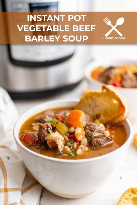 This Instant Pot Vegetable Beef Barley Soup is the ultimate in winter comfort food. Made with tender chunks of beef, fresh vegetables, barley, and a rich, delicious broth. It is simple to make and comes together in just 30 minutes. | Hungry Foodie Pot Barley Soup, Beef Barley Soup Instant Pot, Barley Instant Pot, Vegetable Beef Barley Soup, Easy Instant Pot Dinner, Panang Curry Recipe, Beef And Barley Soup, Barley Soup Recipe, Beef And Barley