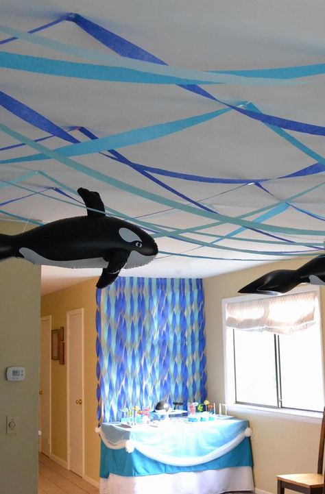 Under the Sea Party- Crepe paper used effectively. (More aimed at an underwater themed VBS yet some of these ideas can work for a beach themed VBS too! cokesburyvbs.com) Whale Party, Dolphin Party, Underwater Party, Sea Party Ideas, Ocean Birthday Party, Ocean Birthday, Ocean Party, Sea Birthday Party, Sea Decor