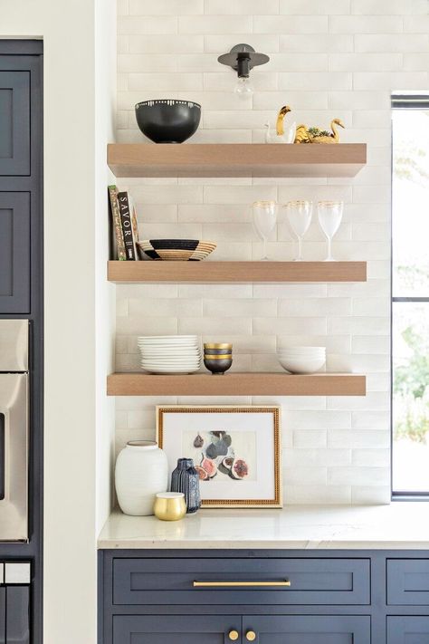 handcraft white tile backsplash in kitchen Tile Around Window, Ashley Martin, Kitchen Seating Area, Kitchen Desk Areas, Restoration Hardware Table, Florida Project, White Tile Backsplash, Floating Shelves Kitchen, Lakeland Florida