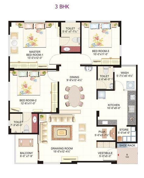 2bhk House Plan, Three Bedroom House Plan, Indian House Plans, Basement House Plans, Pelan Rumah, Free House Plans, House Plans One Story, Duplex House Plans, House Plan Gallery