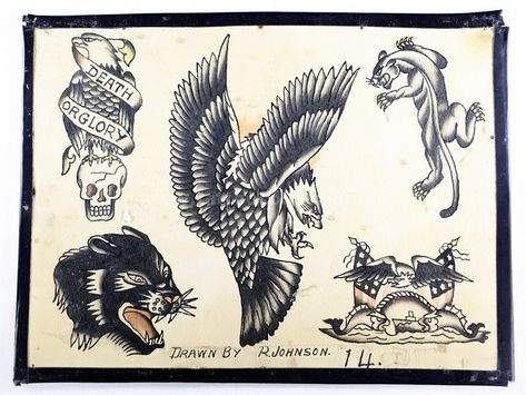 Ralph Johnson - 16 Panther Tattoo Flash, American Traditional Panther Head, Traditional Panther Flash, Ralph Johnstone Tattoo Flash, Traditional Panther Head, Eagle Head Tattoo, 8 Tattoo, Traditional Eagle, 9 Tattoo