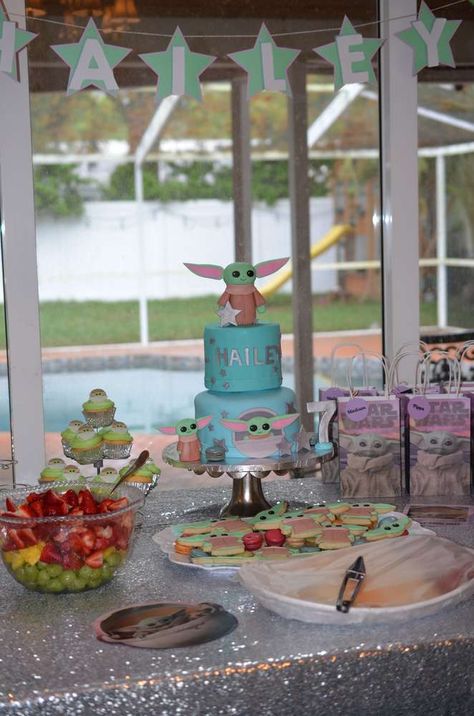 Hailey's Baby Yoda Birthday! | CatchMyParty.com Yoda Birthday Party Ideas, Baby Yoda Birthday Party Ideas, Goonies Birthday, Baby Yoda Birthday Party, Yoda Birthday Party, Yoda Happy Birthday, Baby Yoda Birthday, Yoda Birthday, Yoda Party