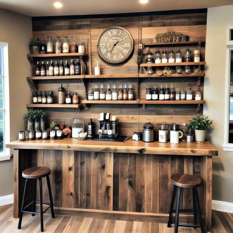 Boho Coffee Bar, At Home Coffee Bar, Dark Cabin, Industrial Coffee Bar, Cabin Coffee, Coffee/wine Bar, Soda Bar, Coffee Bar Ideas, Home Setup